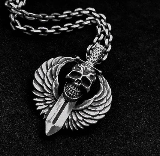 Dagger Pendant - Angel Wing Silver Pendant - Handmade Artisan Jewelry - Demon Necklace - Oxidized Men's Jewelry - Skull Silver Necklace