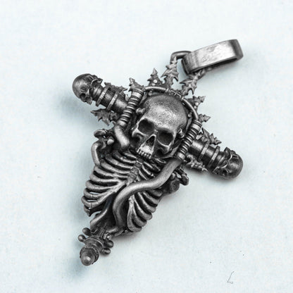 Skull Necklace - Cross Silver Pendant - Silver Necklace - Hand Cast Jewelry - Oxidation Jewelry -
