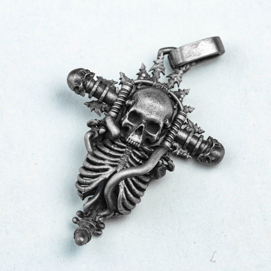 Skull Necklace - Cross Silver Pendant - Silver Necklace - Hand Cast Jewelry - Oxidation Jewelry -