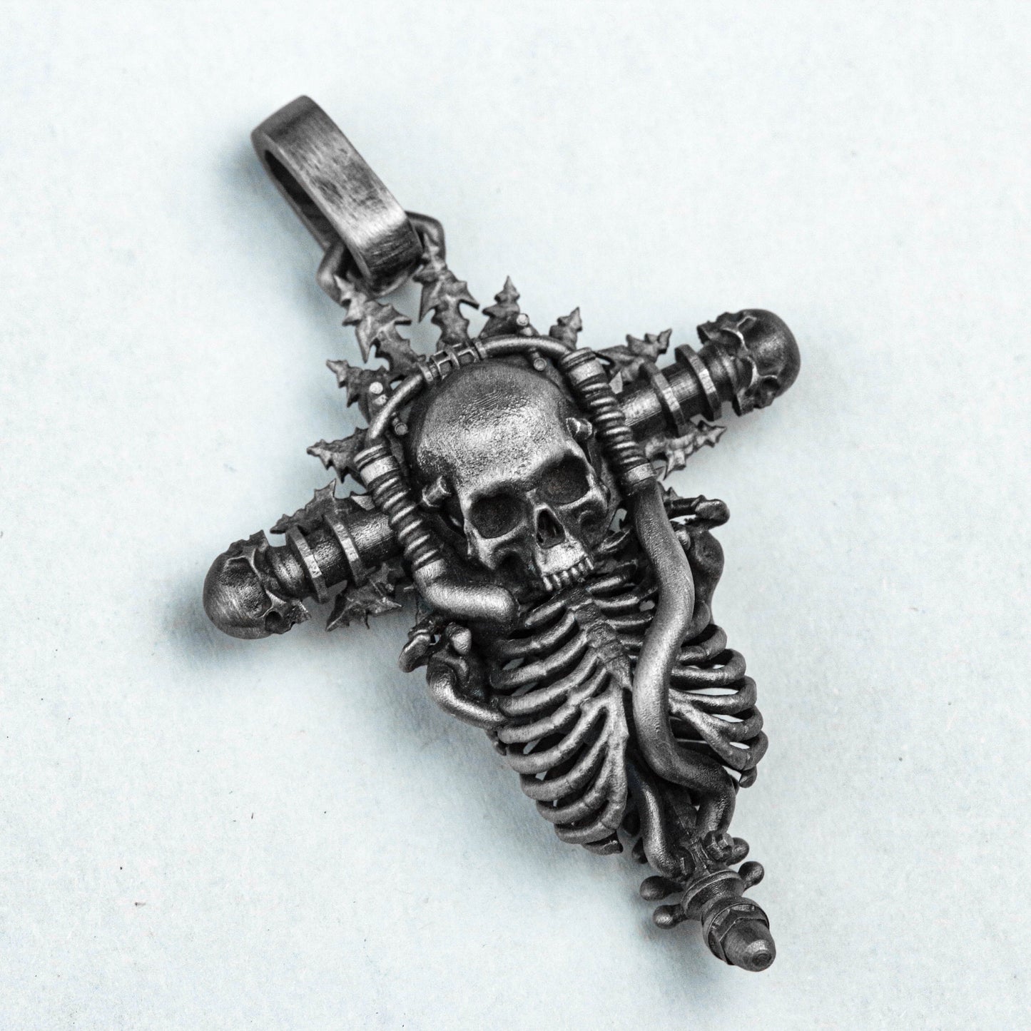 Skull Necklace - Cross Silver Pendant - Silver Necklace - Hand Cast Jewelry - Oxidation Jewelry -