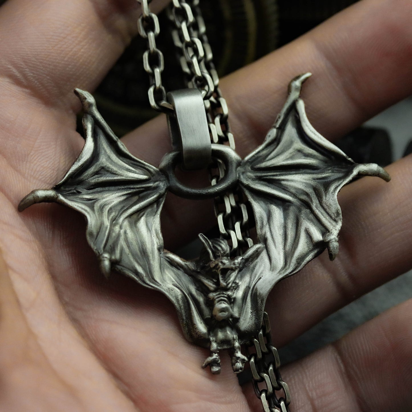 925 Silver Pendant Necklace, Gothic Bat Silver Pendant Necklace