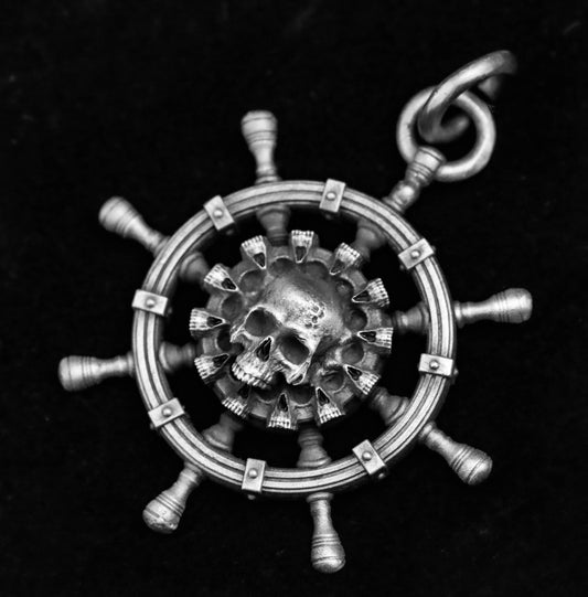 Gothic Pendant- Reincarnation Steering Wheel Pendant -Sterling Silver Gifts-Handmade Casting-Men's Silver Gifts-Skull Jewelry