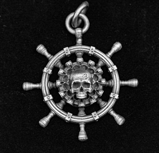 Gothic Pendant- Reincarnation Steering Wheel Pendant -Sterling Silver Gifts-Handmade Casting-Men's Silver Gifts-Skull Jewelry