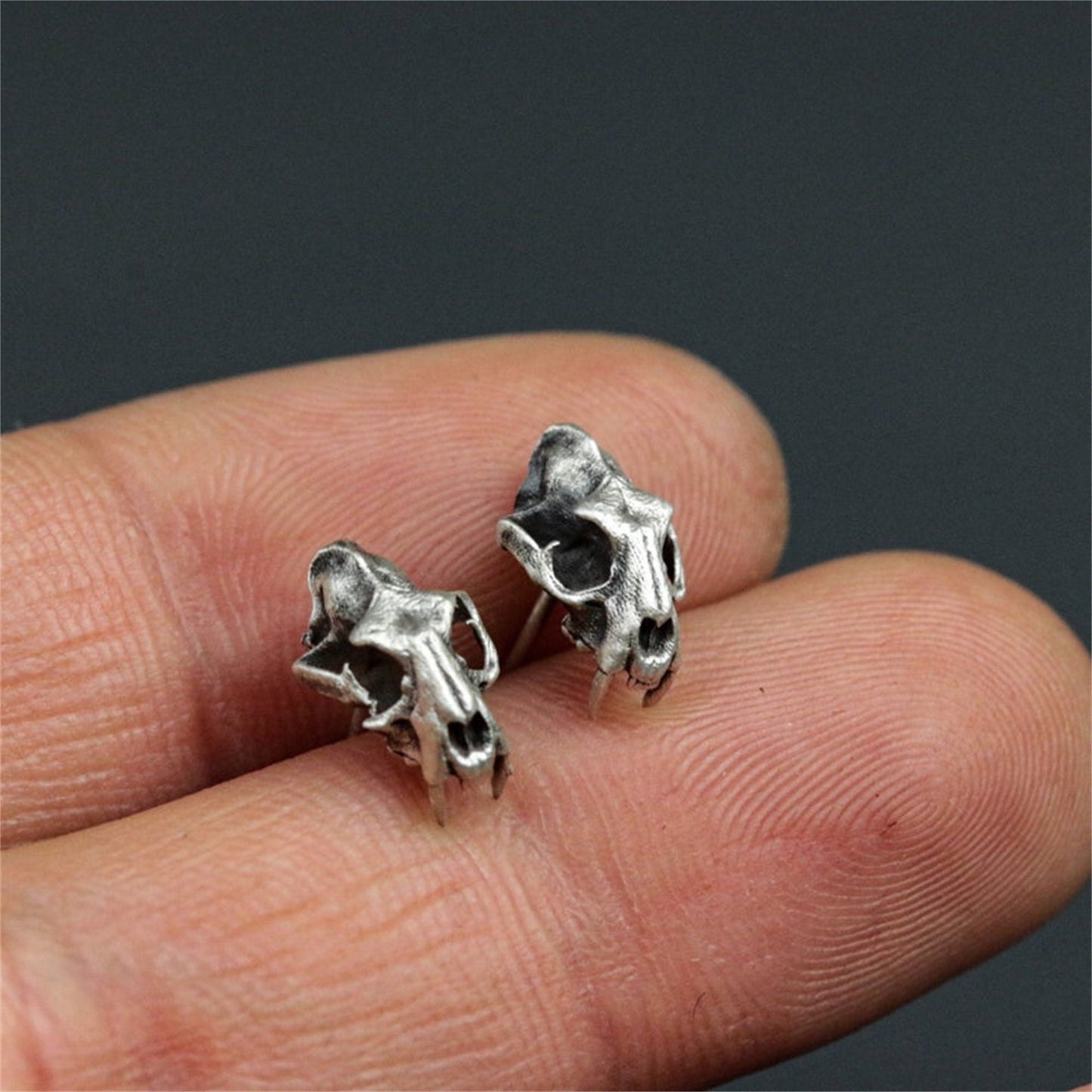 A pair Sabertooth tiger skull 925 silver earrings, animal skull silver earrings, tiger skull goth gift for men earrings