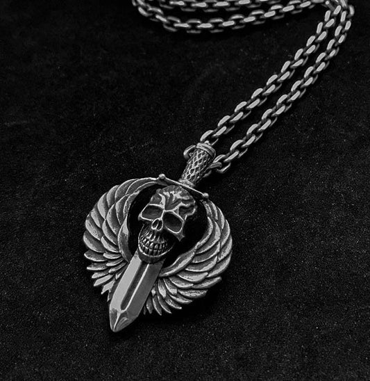 Dagger Pendant - Angel Wing Silver Pendant - Handmade Artisan Jewelry - Demon Necklace - Oxidized Men's Jewelry - Skull Silver Necklace