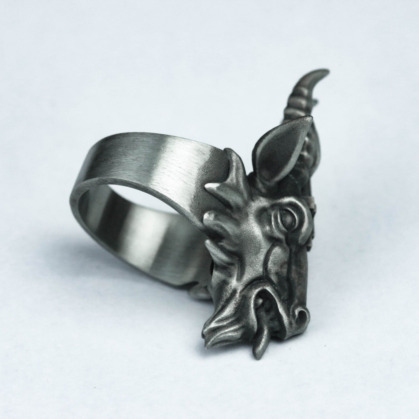 925 Silver Inferno Sheep's Head Ring, Satanic Ring Cross Skull Ring