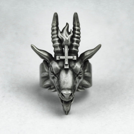 925 Silver Inferno Sheep's Head Ring, Satanic Ring Cross Skull Ring