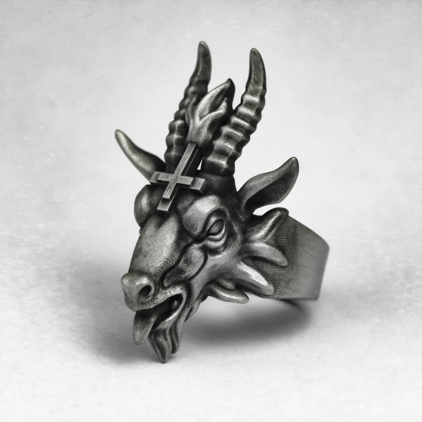 925 Silver Inferno Sheep's Head Ring, Satanic Ring Cross Skull Ring