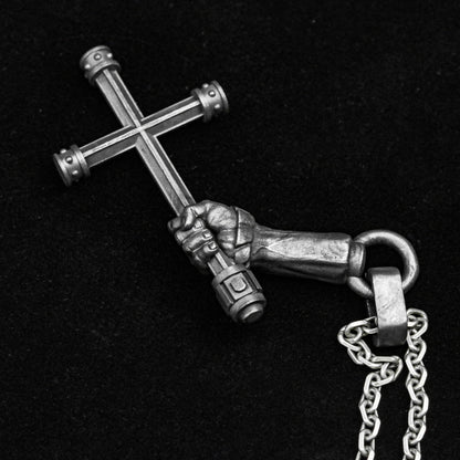 Fist Men's Necklace - Silver Cross Pendant - Long Arm Fist Pendant - Charm Necklace -