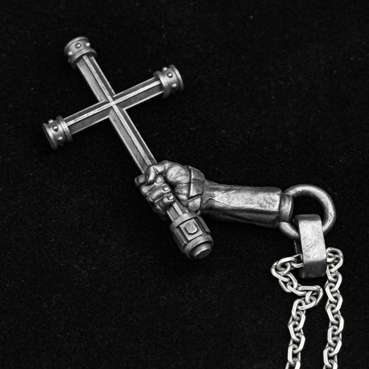 Fist Men's Necklace - Silver Cross Pendant - Long Arm Fist Pendant - Charm Necklace -