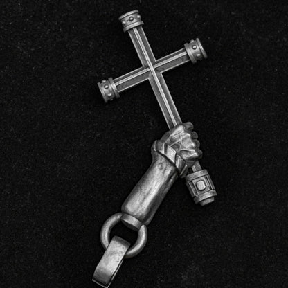 Fist Men's Necklace - Silver Cross Pendant - Long Arm Fist Pendant - Charm Necklace -
