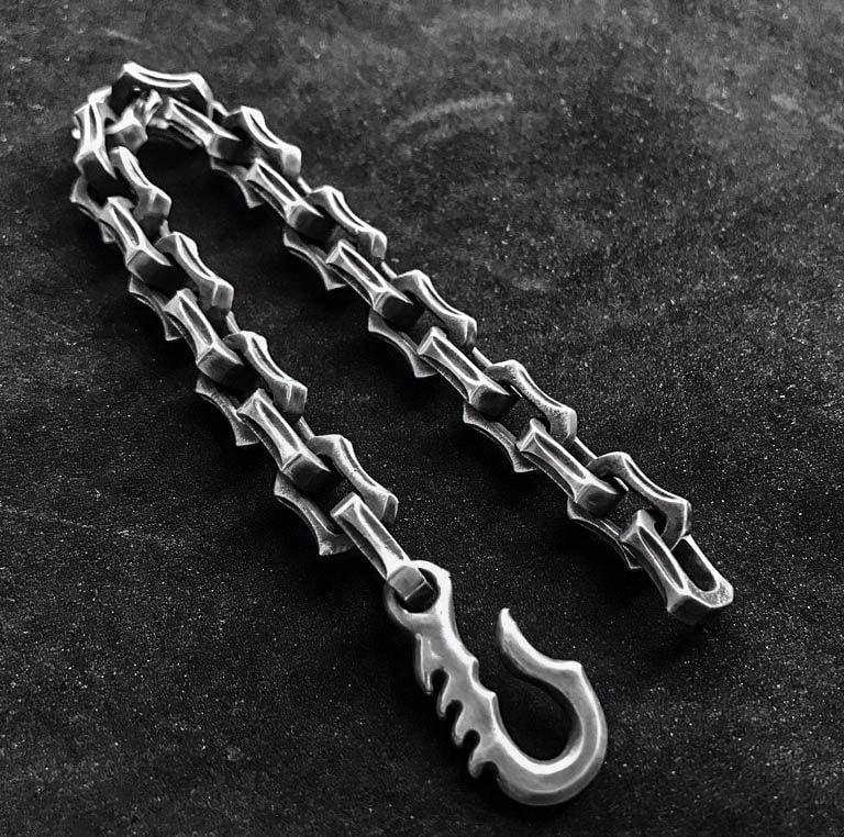 10mm Faceted Fishhook Bracelet - Fine Sterling Silver Handmade Bracelet - Vintage Bracelets for Men - Solid Cast Silver Jewelry