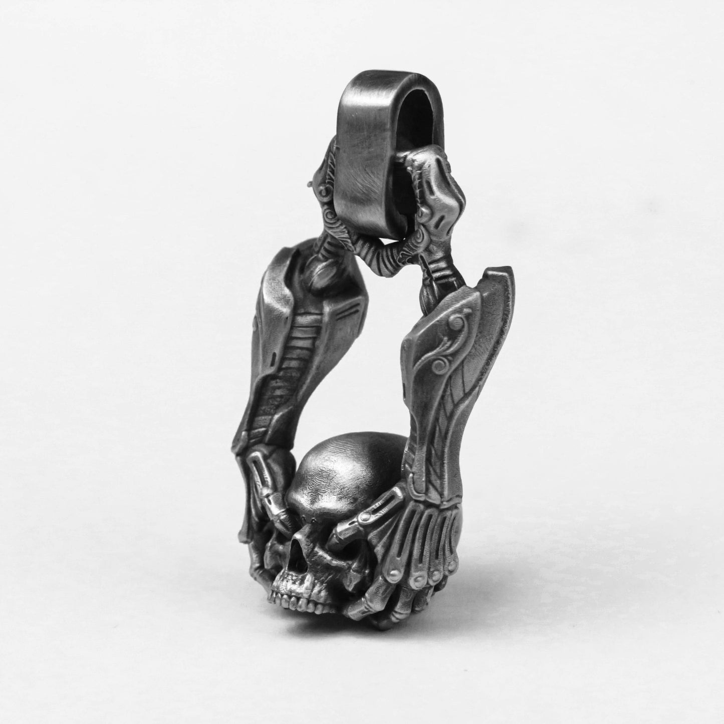 925 silver skull hand pendant, mechanical skull, Dr. Computer skull pendant future warrior jewelry