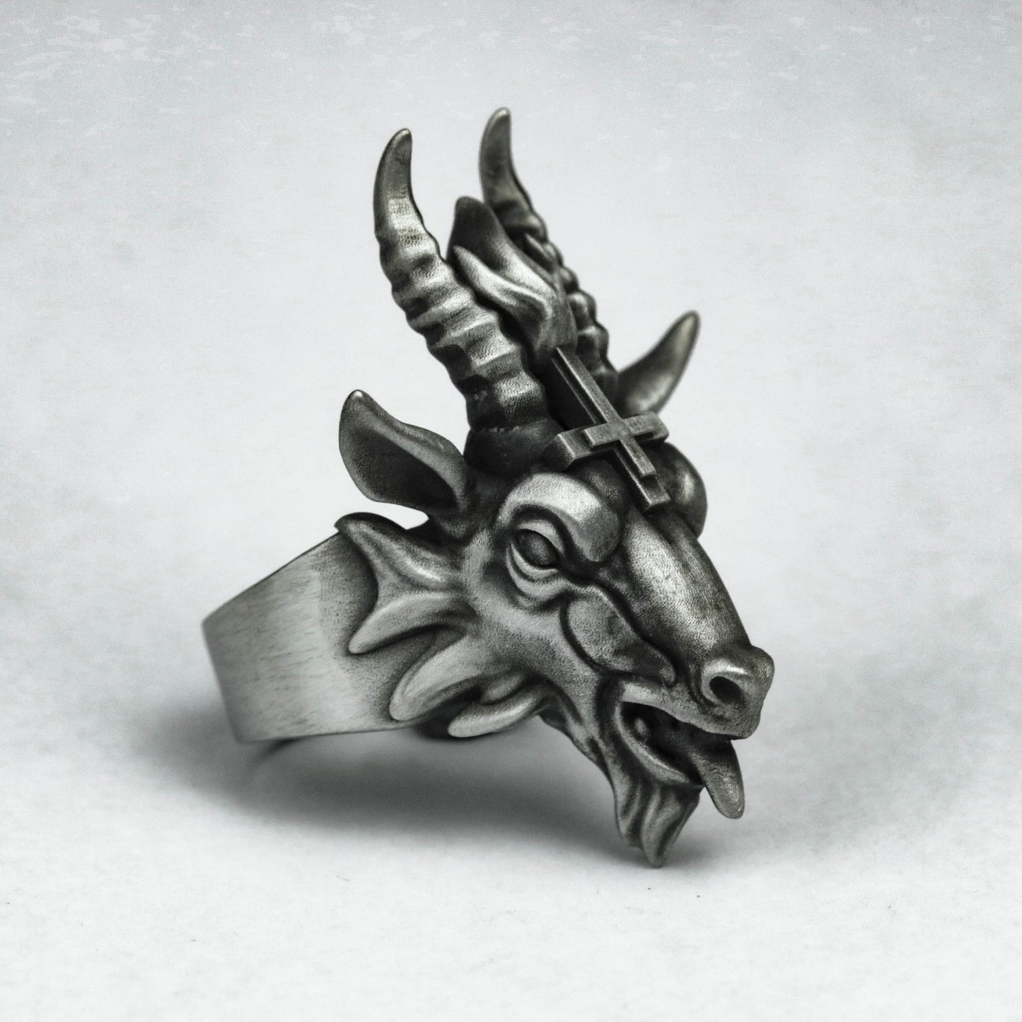 925 Silver Inferno Sheep's Head Ring, Satanic Ring Cross Skull Ring