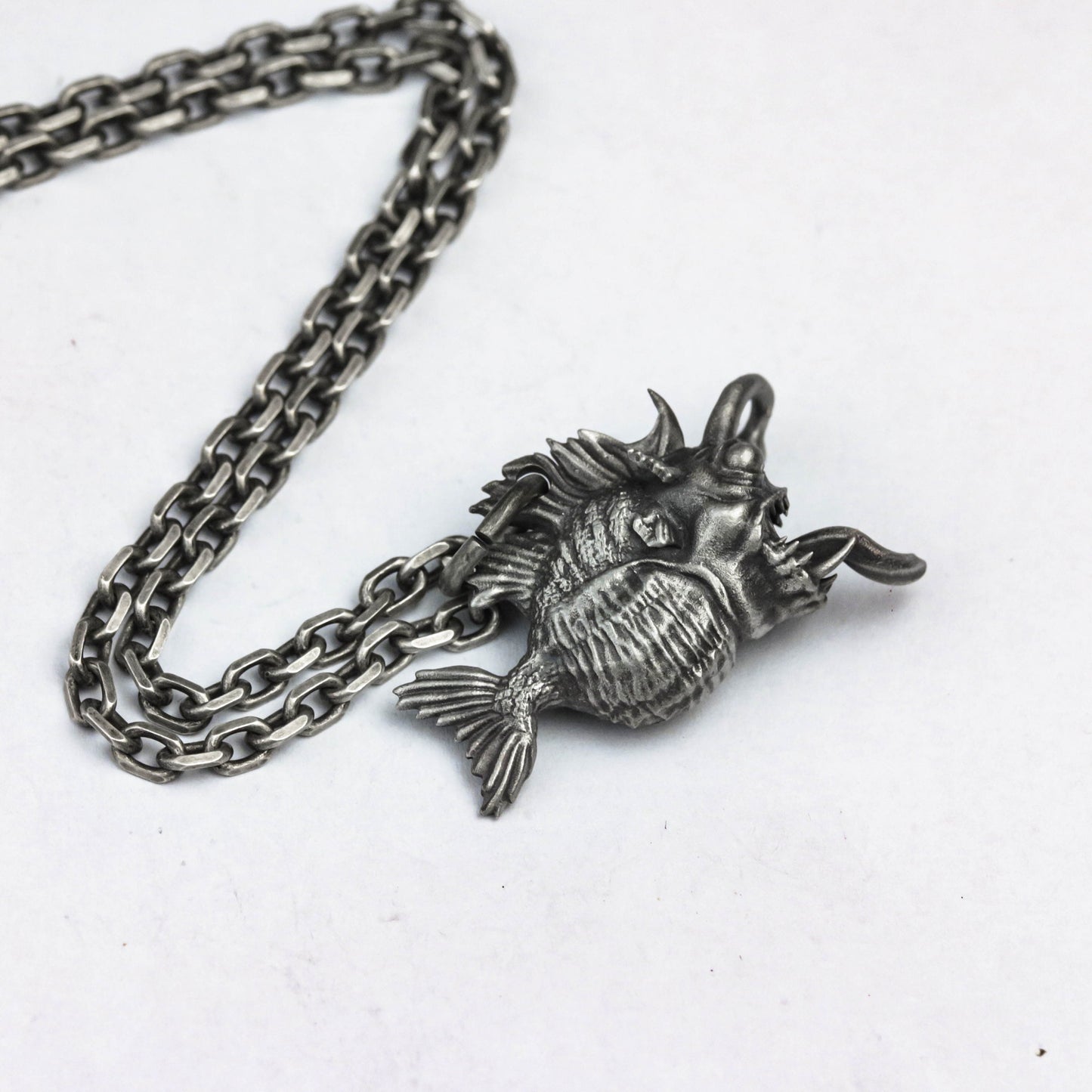 925 silver monkfish pendant necklace, gothic fish personality necklace piranha