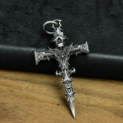925 sterling silver skull cross pendant, skull cross necklace, thorny cross, totem cross pendant - handmade