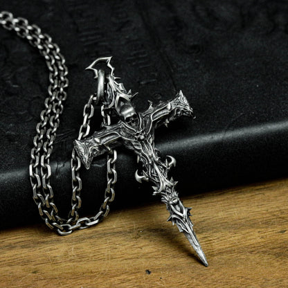 925 sterling silver skull cross pendant, skull cross necklace, thorny cross, totem cross pendant - handmade