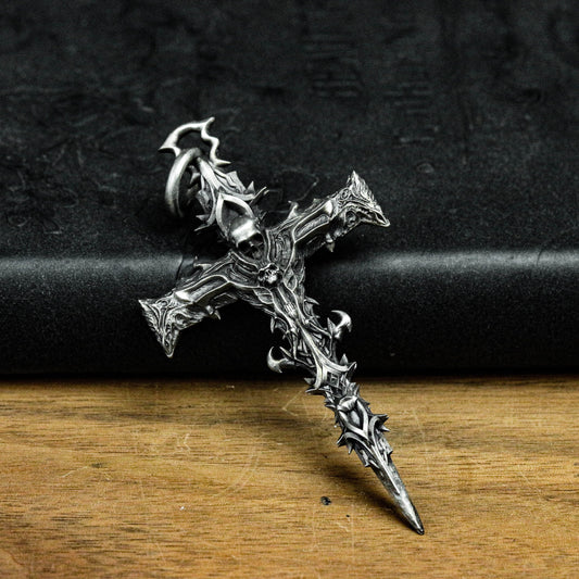 925 sterling silver skull cross pendant, skull cross necklace, thorny cross, totem cross pendant - handmade