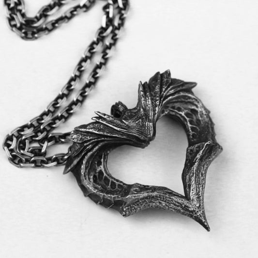 925 Silver Heart of Darkness Pendant, Serpent's Heart Charm, Evil Dragon Pendant