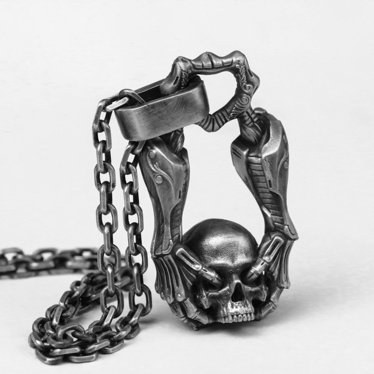 925 silver skull hand pendant, mechanical skull, Dr. Computer skull pendant future warrior jewelry