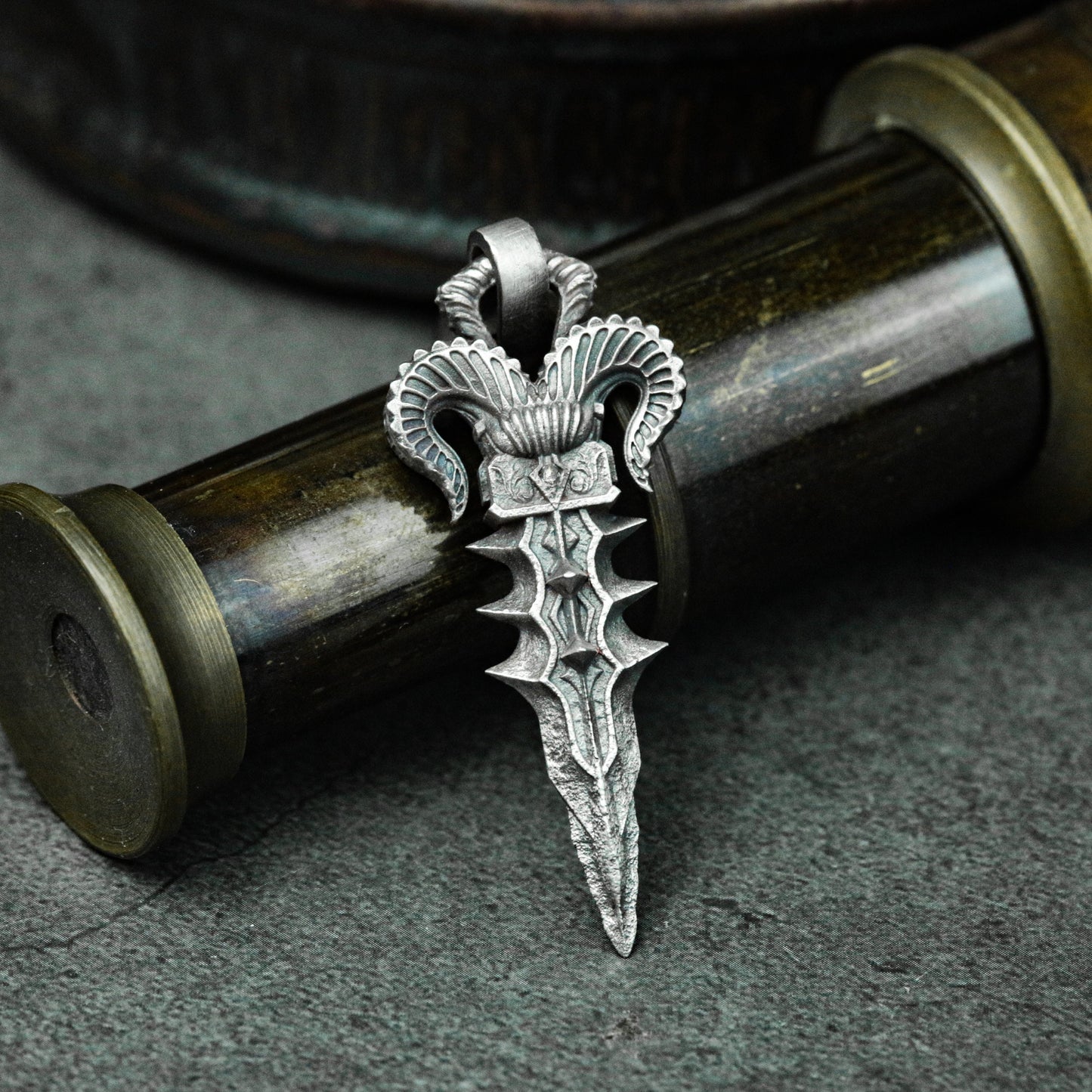 Sheep horn halberd 925 silver pendant necklace - gothic devil sheep horn necklace