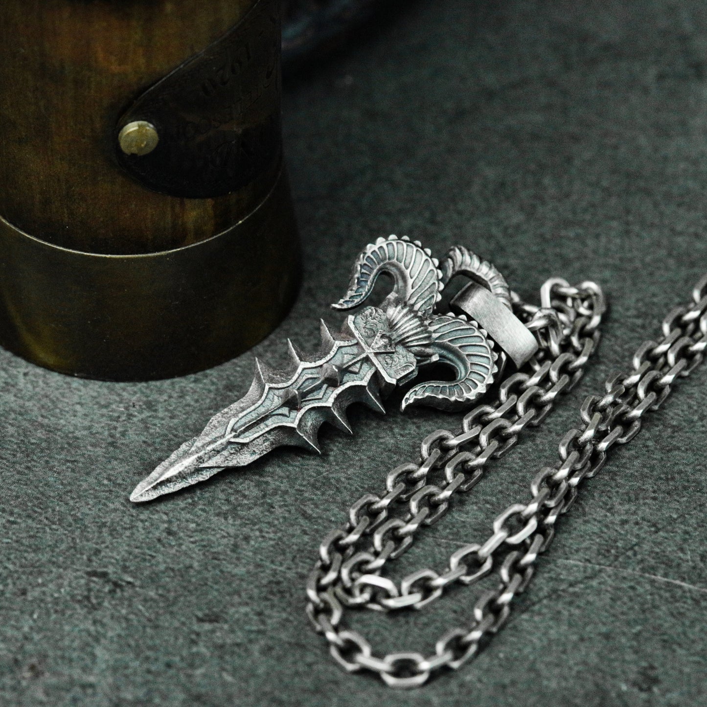 Sheep horn halberd 925 silver pendant necklace - gothic devil sheep horn necklace