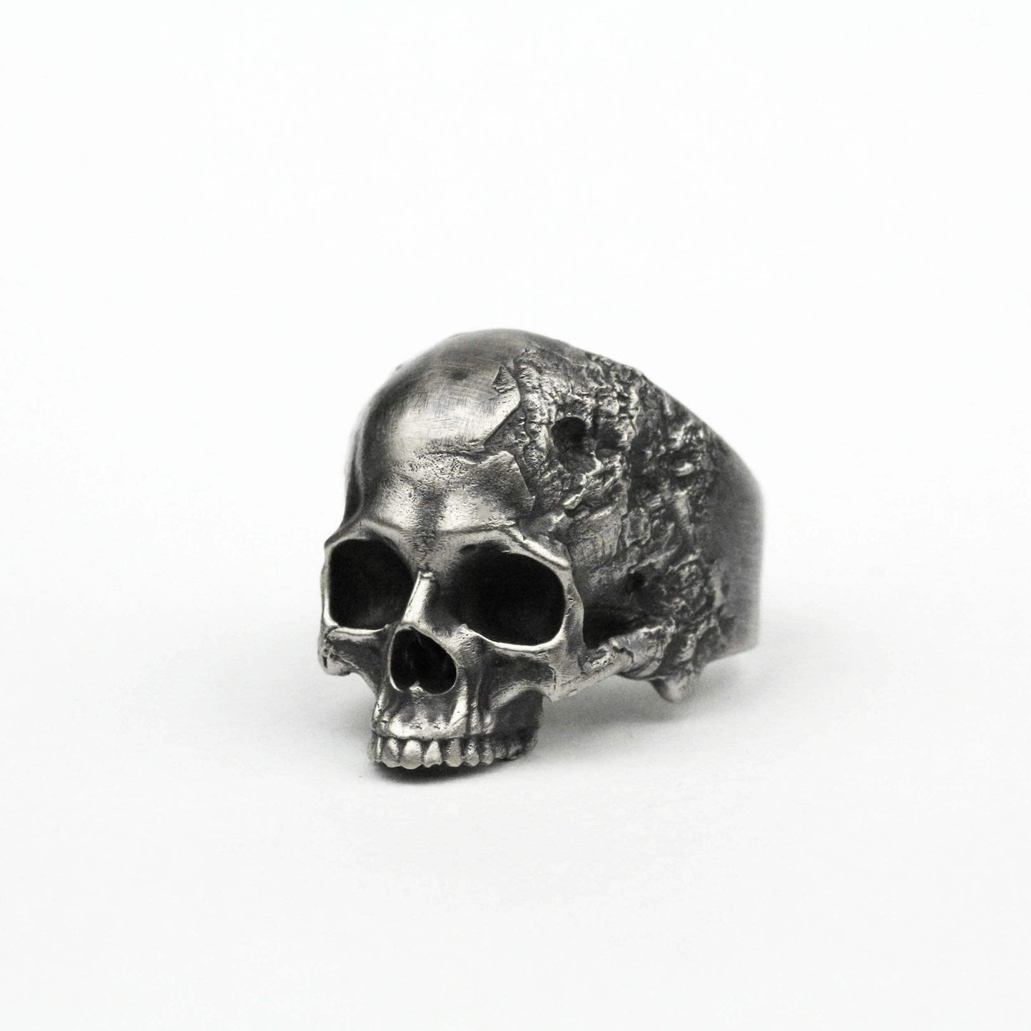 925 silver Battle-damaged skull Unique Heavy Sugar Skull Ring half jaw mens skull biker masonic Statement Brass custom jewelry