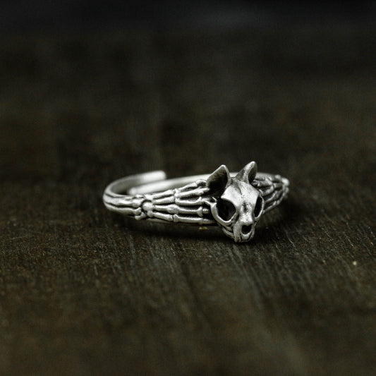 Cat Skull Silver Ring, Cat Ring, 925 Sterling Silver Ring, Fierce Skull Ring - Handmade