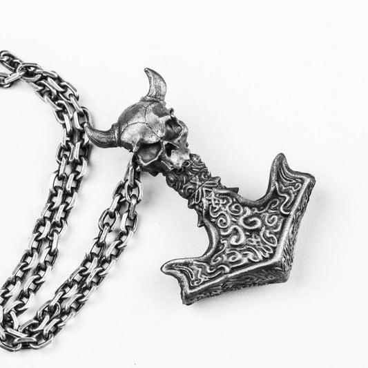 925 silver Thor's hammer pendant, ram's horn skull pendant, wolf jewelry