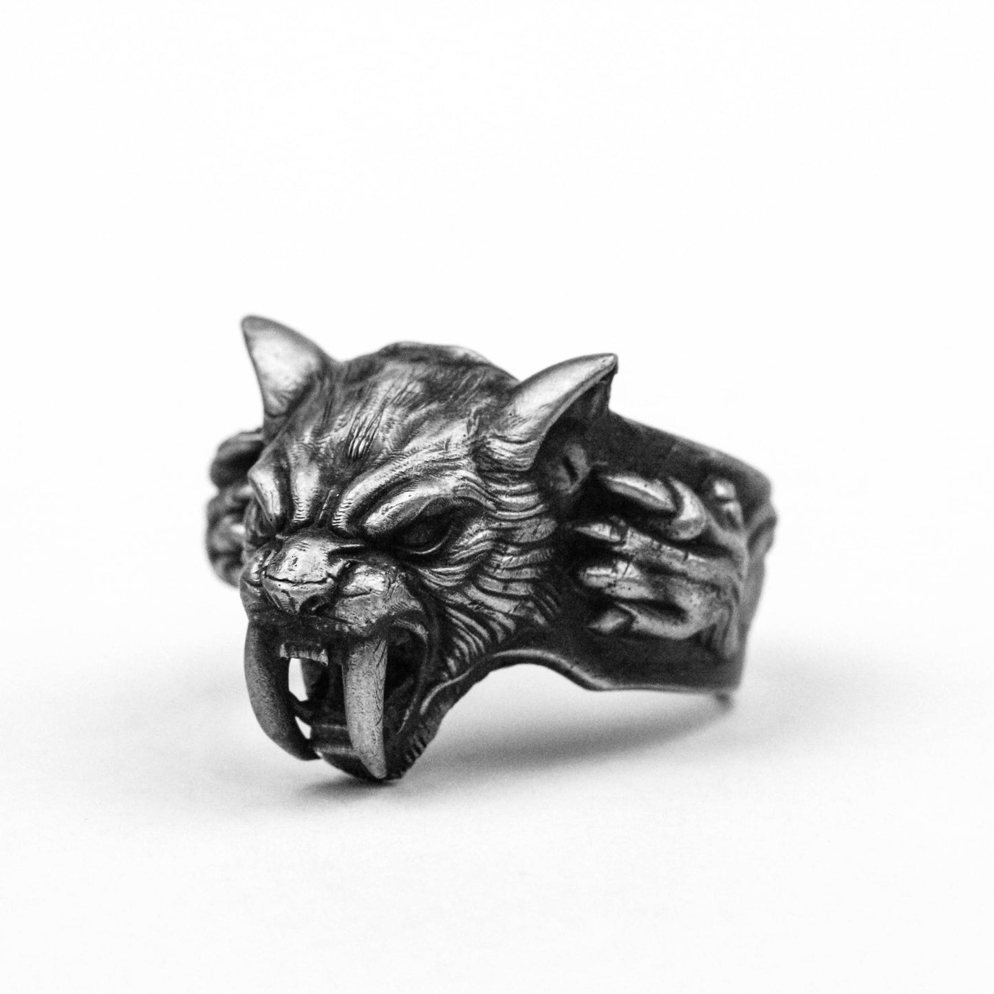 Ancient saber-toothed tiger ring, Roaring lion, Angry Lion,patron saint of animals rings,Vintage 925 silver säbelzahntiger jewelry