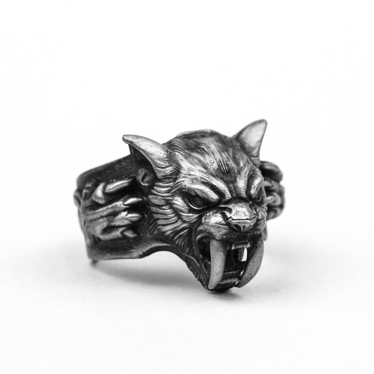 Ancient saber-toothed tiger ring, Roaring lion, Angry Lion,patron saint of animals rings,Vintage 925 silver säbelzahntiger jewelry