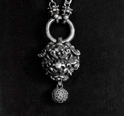 Tang Lion Pendant Bells-Sterling Silver Lion Bell Charms, Necklace Charms, Silver Lucky Charms, Round Bell Charms, Pixiu Charms,