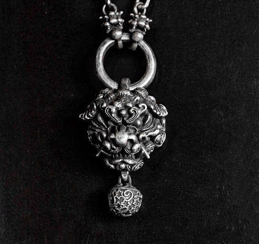 Tang Lion Pendant Bells-Sterling Silver Lion Bell Charms, Necklace Charms, Silver Lucky Charms, Round Bell Charms, Pixiu Charms,