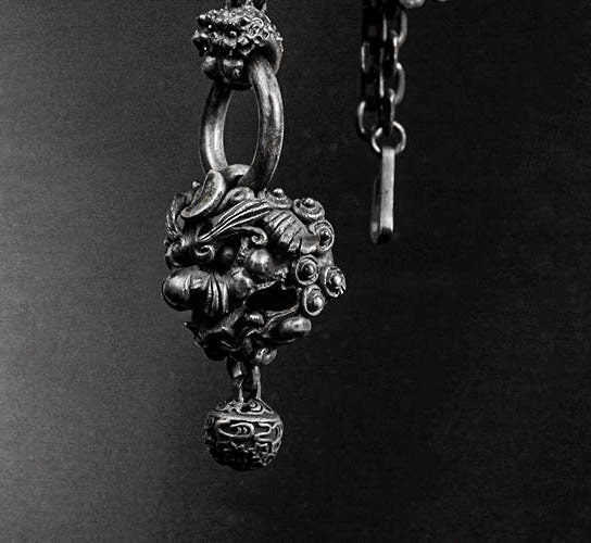 Lion Pendant - Sterling Silver Lion Bell Charm - Pixiu Charm - Slum Jewelry - Tribal Necklace - Chunky Chain Necklace - Lion Necklace