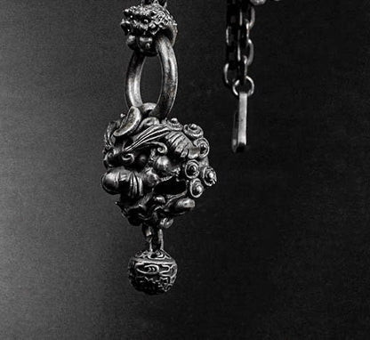Lion Pendant - Sterling Silver Lion Bell Charm - Pixiu Charm - Slum Jewelry - Tribal Necklace - Chunky Chain Necklace - Lion Necklace