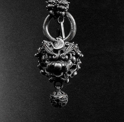 Lion Pendant - Sterling Silver Lion Bell Charm - Pixiu Charm - Slum Jewelry - Tribal Necklace - Chunky Chain Necklace - Lion Necklace