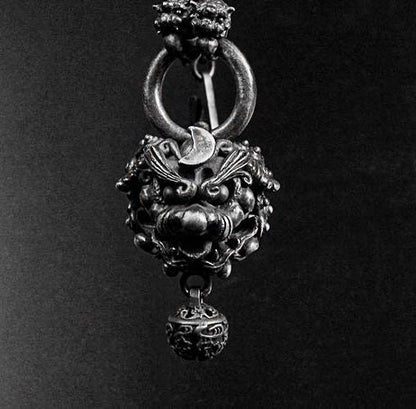Lion Pendant - Sterling Silver Lion Bell Charm - Pixiu Charm - Slum Jewelry - Tribal Necklace - Chunky Chain Necklace - Lion Necklace