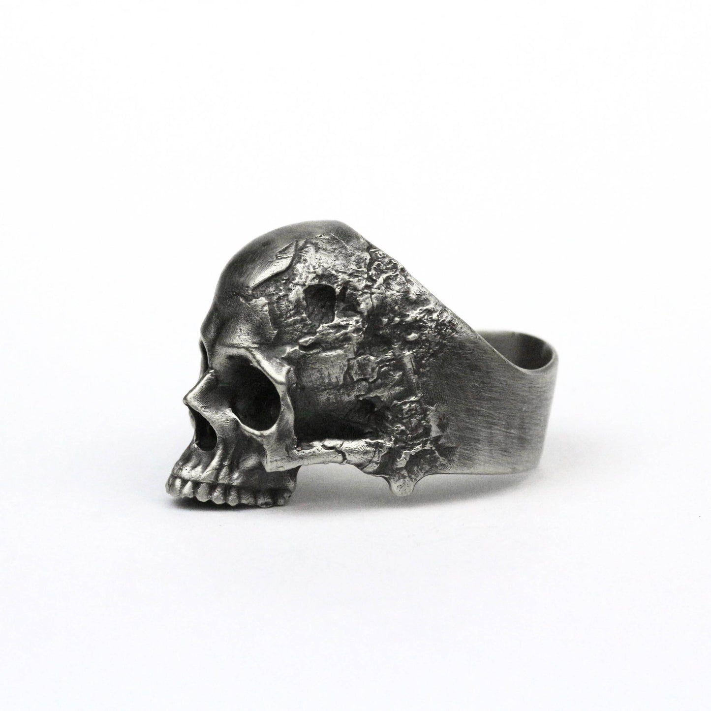 925 silver Battle-damaged skull Unique Heavy Sugar Skull Ring half jaw mens skull biker masonic Statement Brass custom jewelry