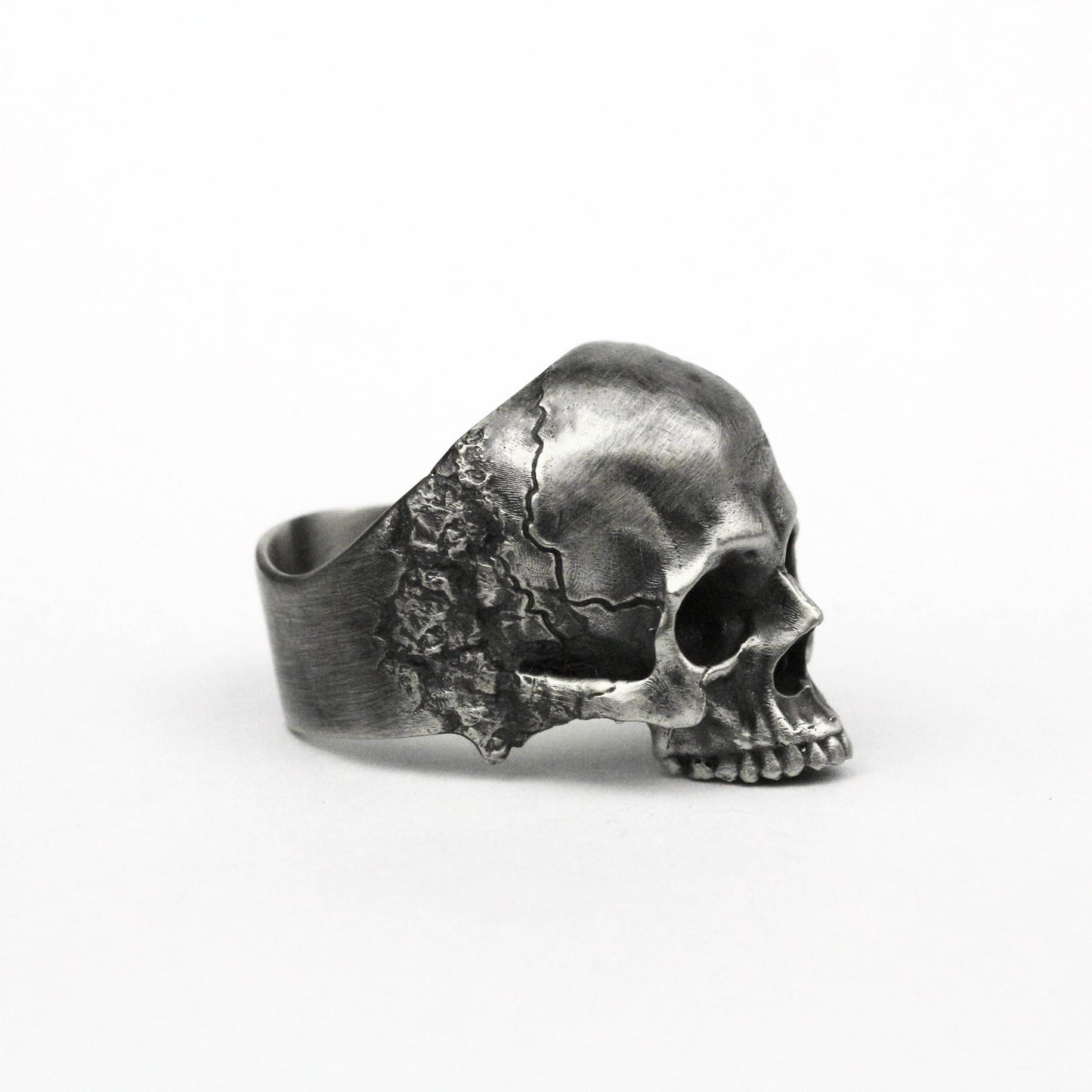 925 silver Battle-damaged skull Unique Heavy Sugar Skull Ring half jaw mens skull biker masonic Statement Brass custom jewelry