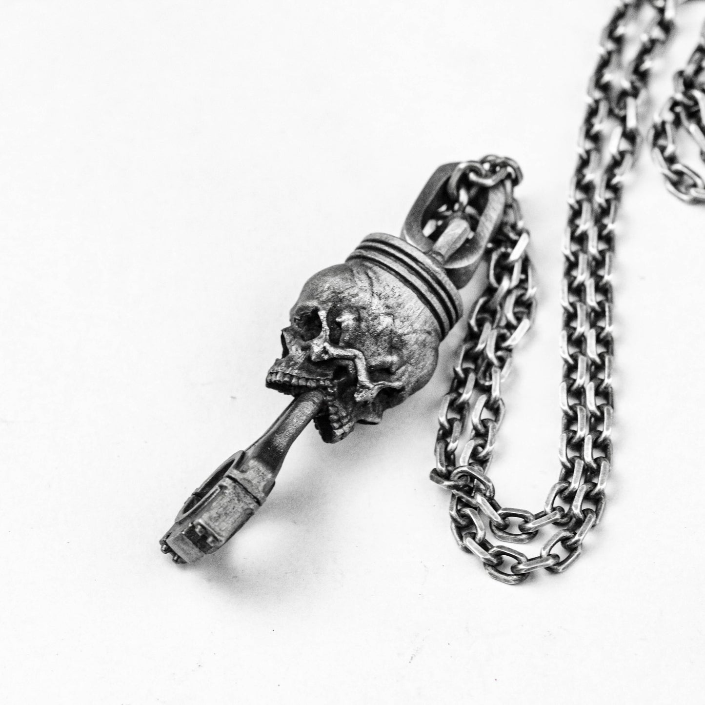 Silver Skull - 925 Sterling Silver Skull Pendant - Engine Piston Pendant - Grim Reaper Pendant - Human Skull Gothic Pendant