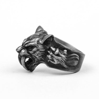 Ancient saber-toothed tiger ring, Roaring lion, Angry Lion,patron saint of animals rings,Vintage 925 silver säbelzahntiger jewelry