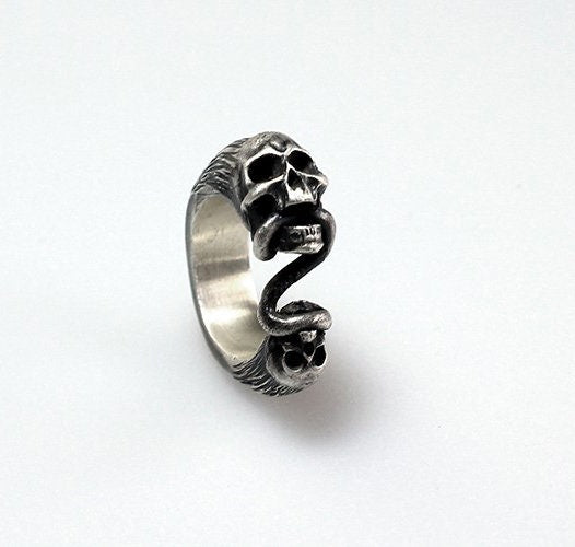 Gothic Rings - Men's Fashion Rings - Double Headed Skull Silver Rings - Bite Rope Skull Rings - Open Rings - Girls Jewelry