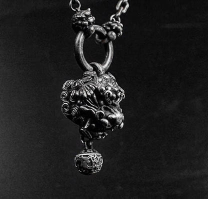 Tang Lion Pendant Bells-Sterling Silver Lion Bell Charms, Necklace Charms, Silver Lucky Charms, Round Bell Charms, Pixiu Charms,