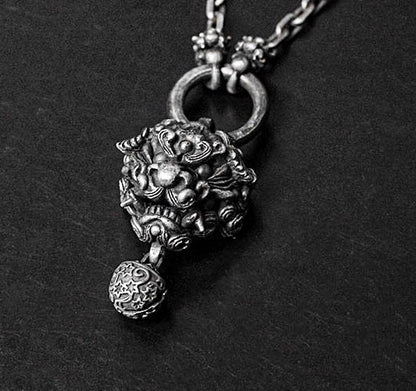Tang Lion Pendant Bells-Sterling Silver Lion Bell Charms, Necklace Charms, Silver Lucky Charms, Round Bell Charms, Pixiu Charms,