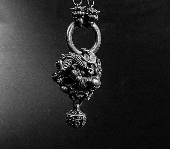 Lion Pendant - Sterling Silver Lion Bell Charm - Pixiu Charm - Slum Jewelry - Tribal Necklace - Chunky Chain Necklace - Lion Necklace