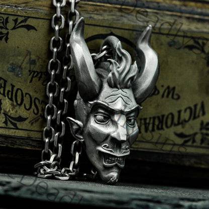 Wretched Satan 925 Silver Pendant Necklace-Q Version Satan Mask Silver Necklace