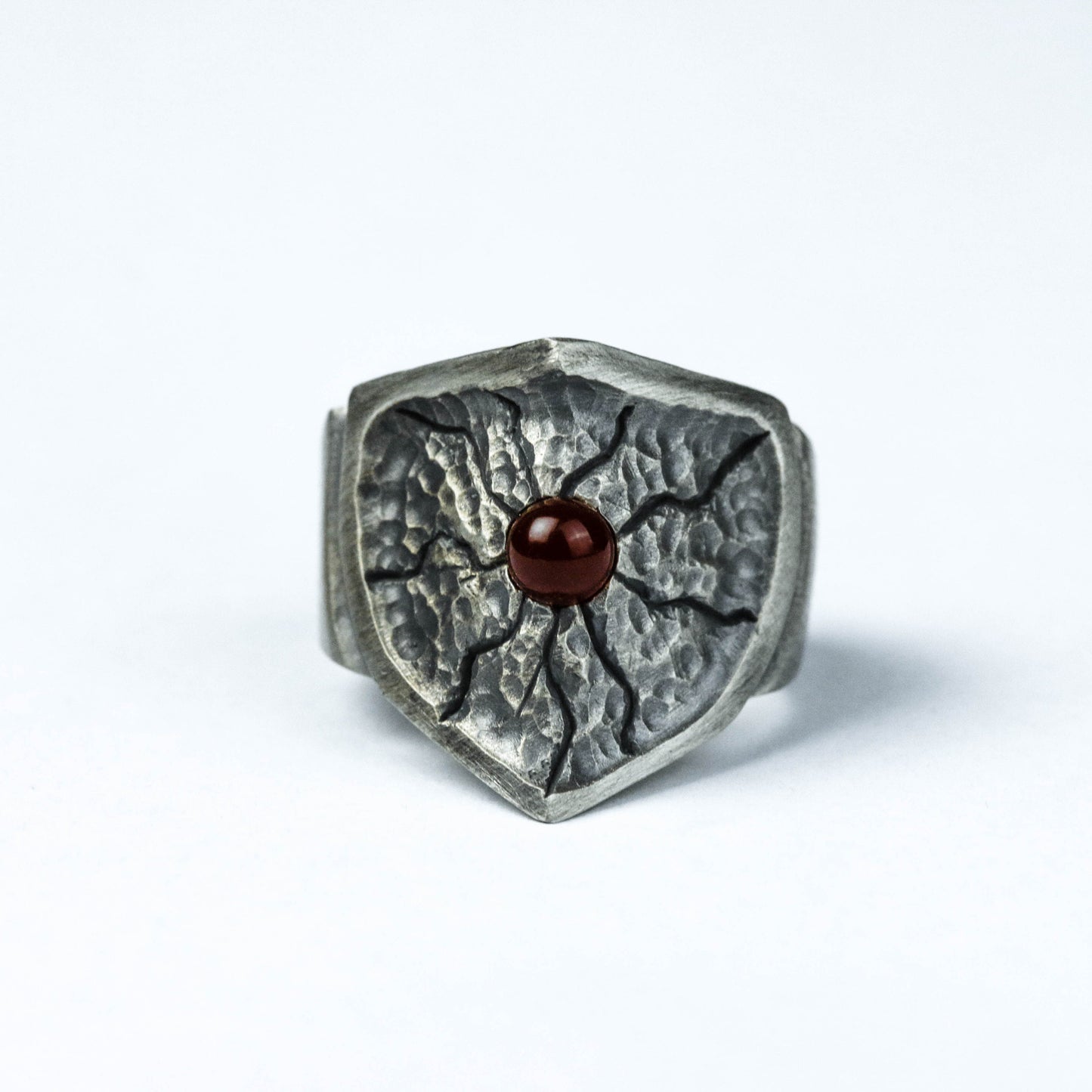 Brass inlaid red agate ring hammer-shaped ring texture ring unique shield-shaped brass craftsman made jewelry