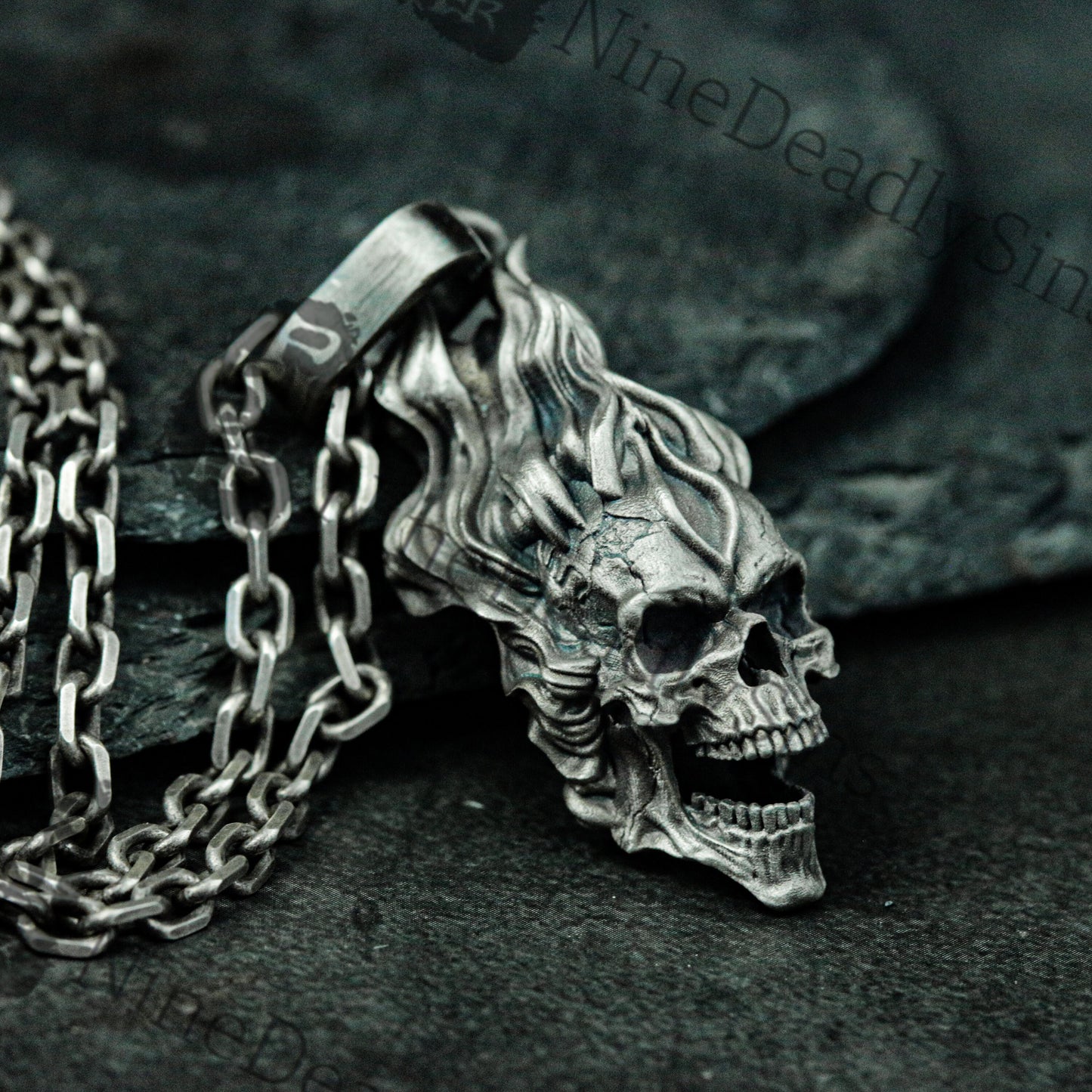 Hellfire Skull 925 Silver Pendant Necklace - Ghost Rider's Skull - Unique Artisan Made