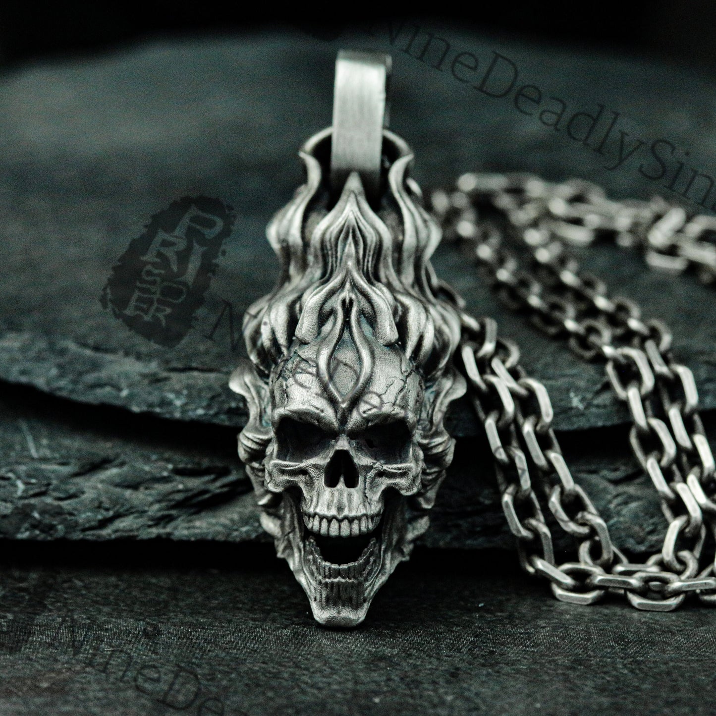 Hellfire Skull 925 Silver Pendant Necklace - Ghost Rider's Skull - Unique Artisan Made