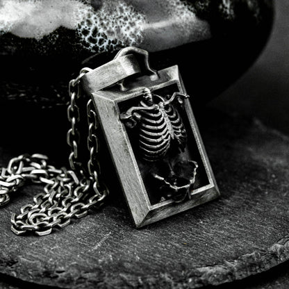 925 sterling silver skeleton skeleton pendant, skeleton pendant necklace, skeleton picture frame pendant, gothic pendant - artisan made